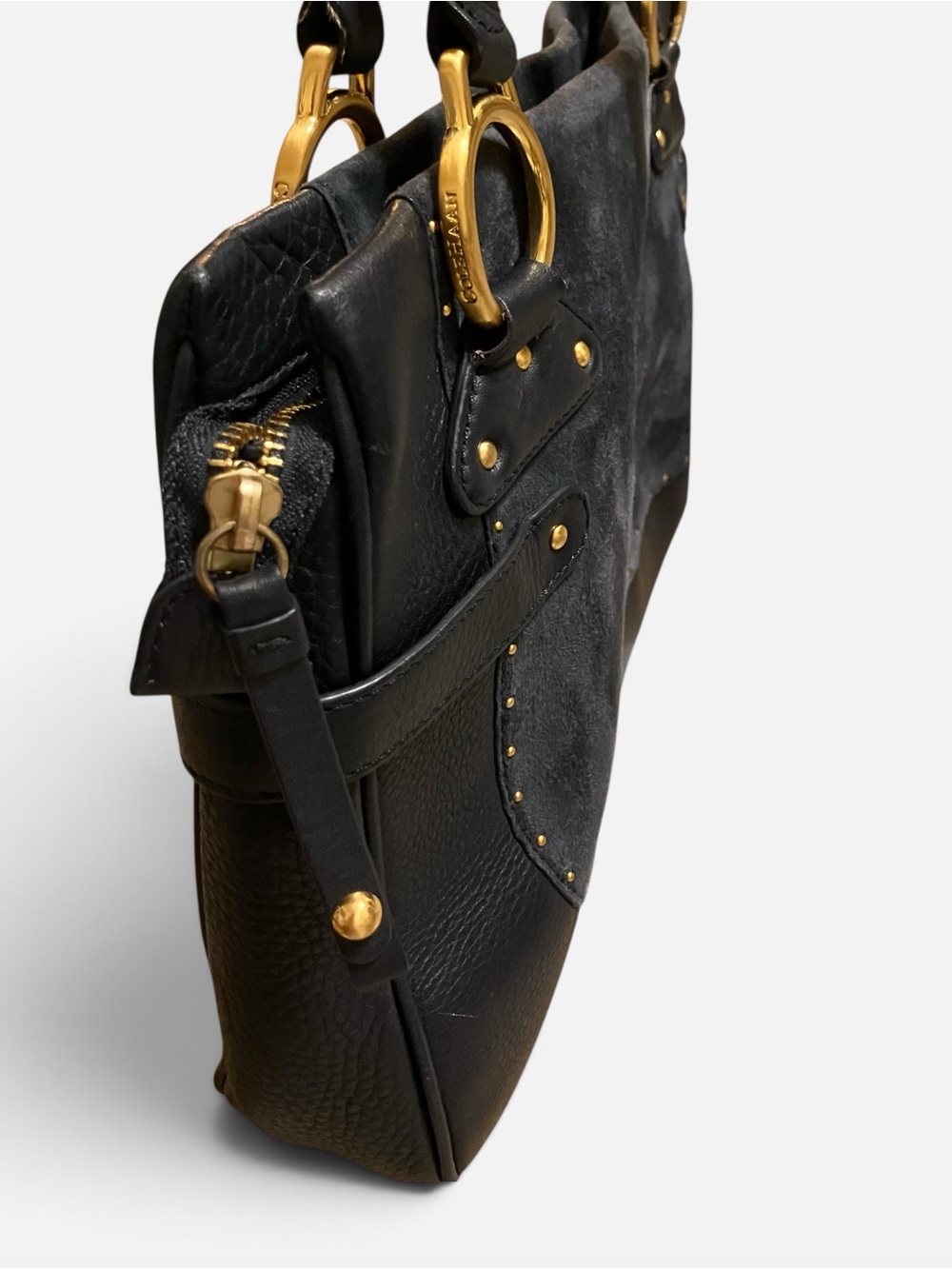 Cole Haan Classic Black Suede and Leather Shoulder Bag with Gold Hardware - Picture 6 of 8